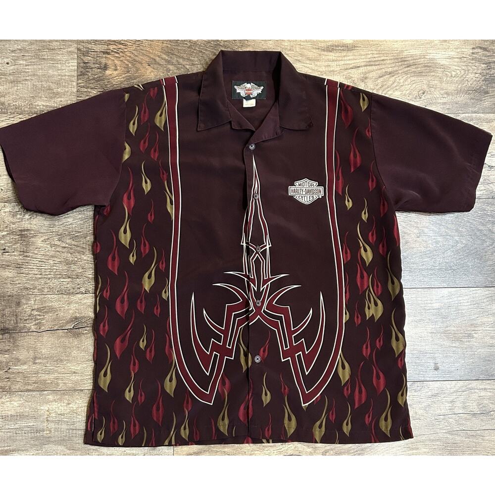 Harley Davidson Large Tribal Flame Y2K Embrodiered All Over Print Button Down